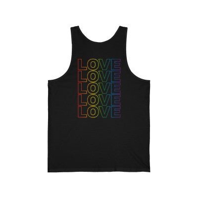 Pride Live Love Be Peace Love Unisex Tank Top Rainbow on Black Back