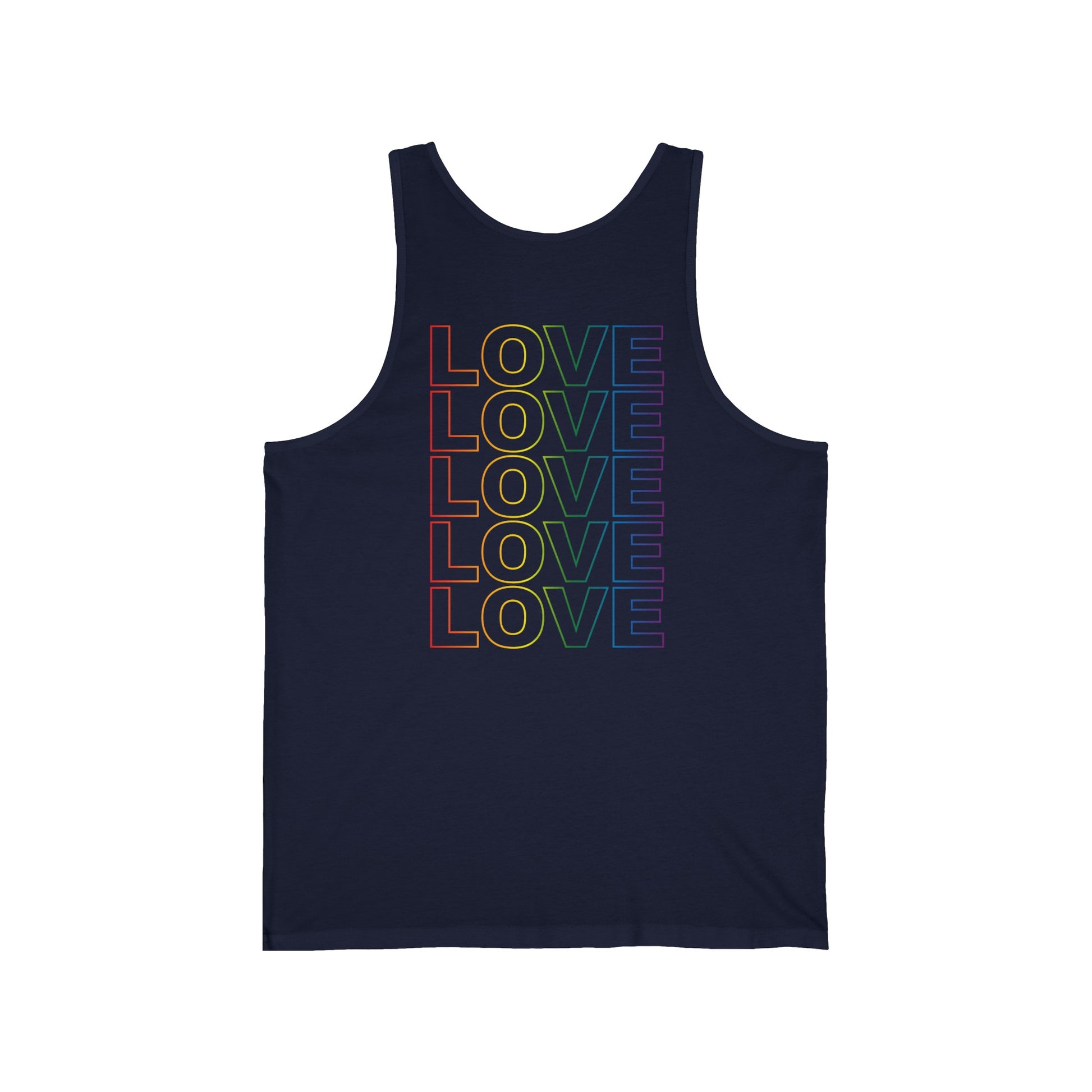 Pride Live Love Be Peace and LOVE Unisex Tank  Top in Rainbow on Navy Back