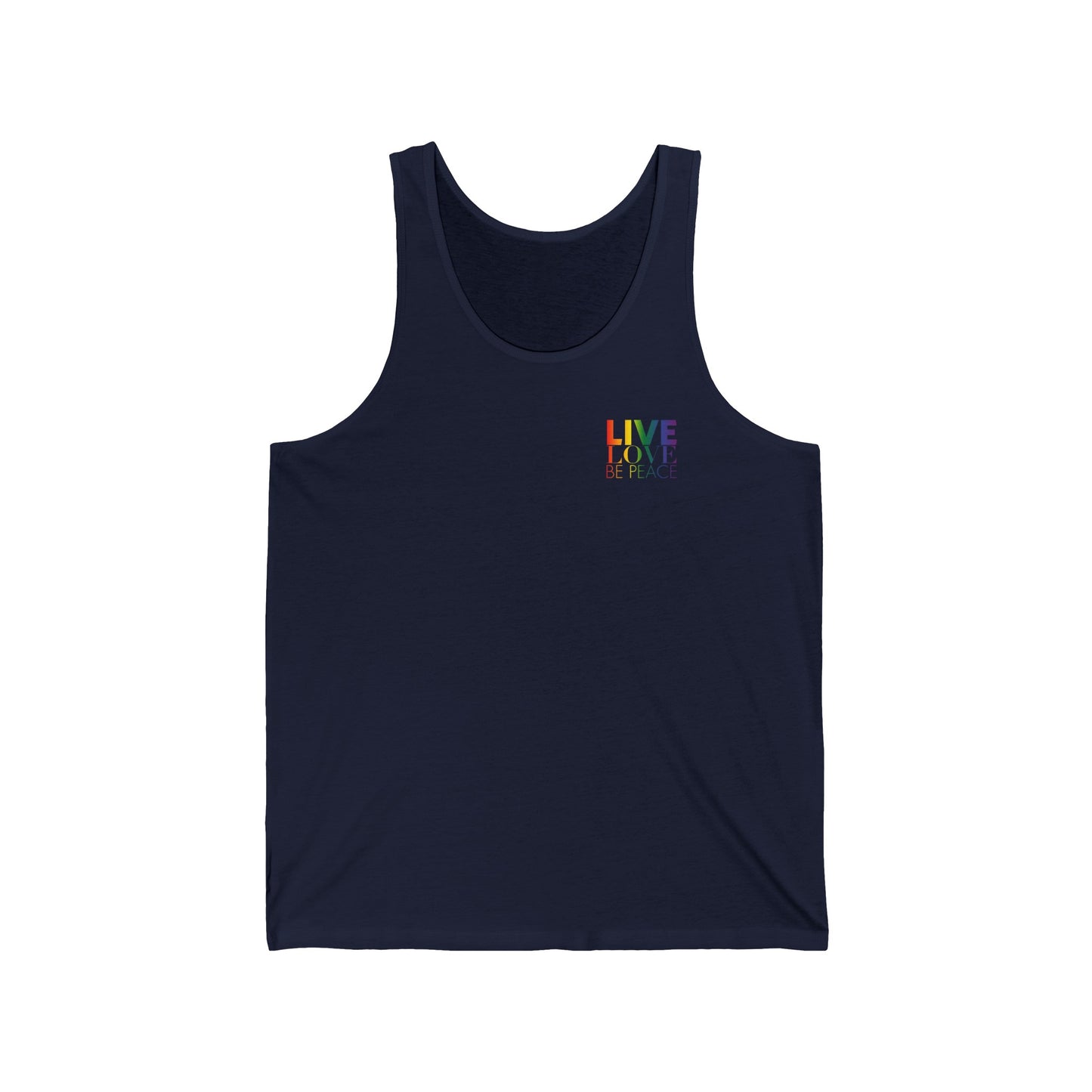 Pride Live Love Be Peace LOVE Unisex Tank Top in Rainbow on Navy Front