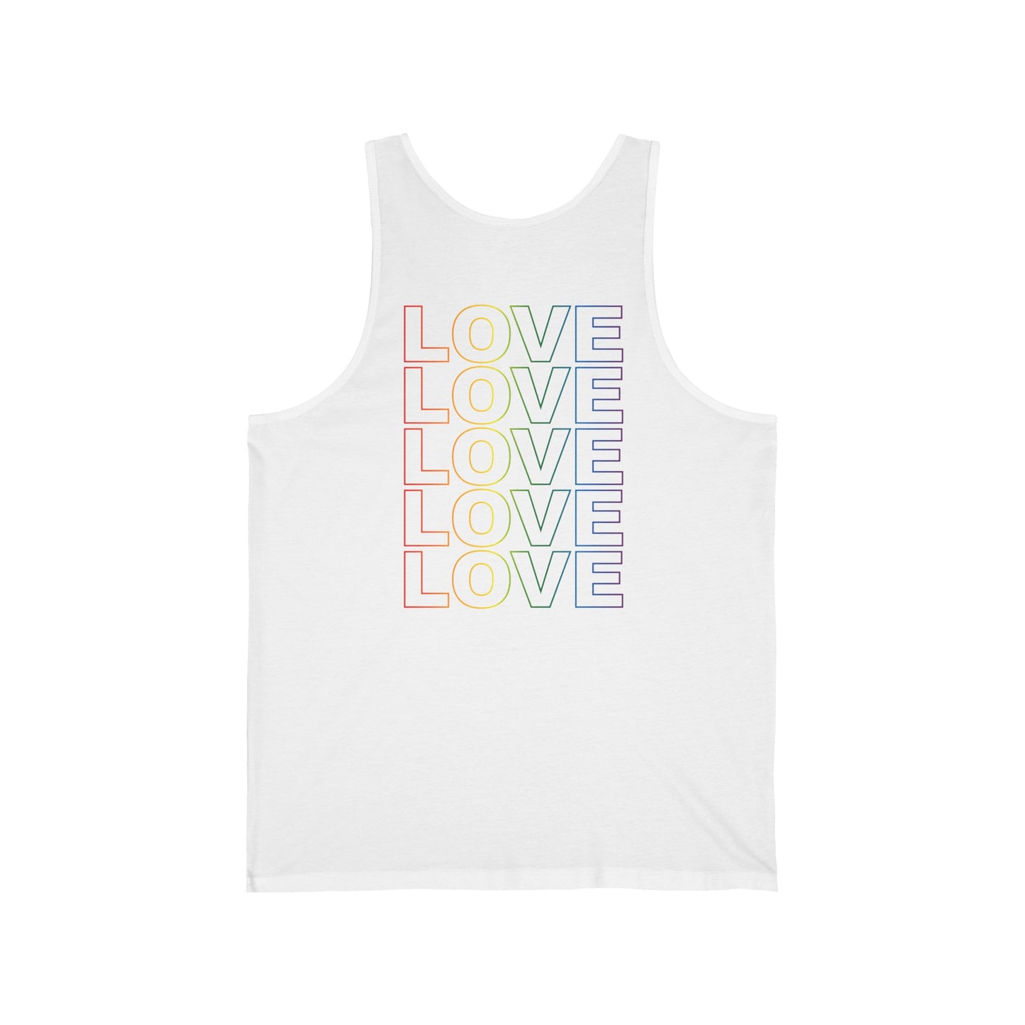 Pride Live Love Be Peace LOVE Unisex Tank Top in Rainbow on White Back