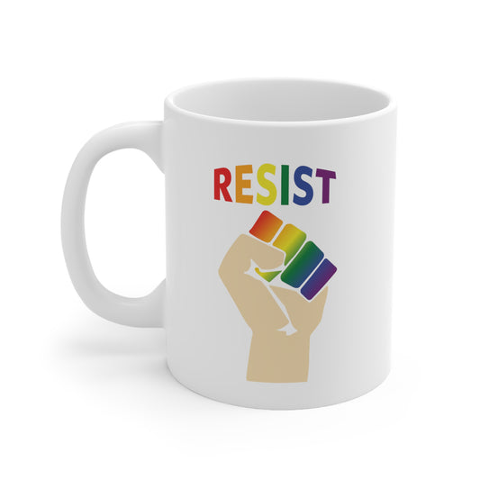 Pride Live Love Be Peace and Resist 11oz Mug Rainbow on White Resist.