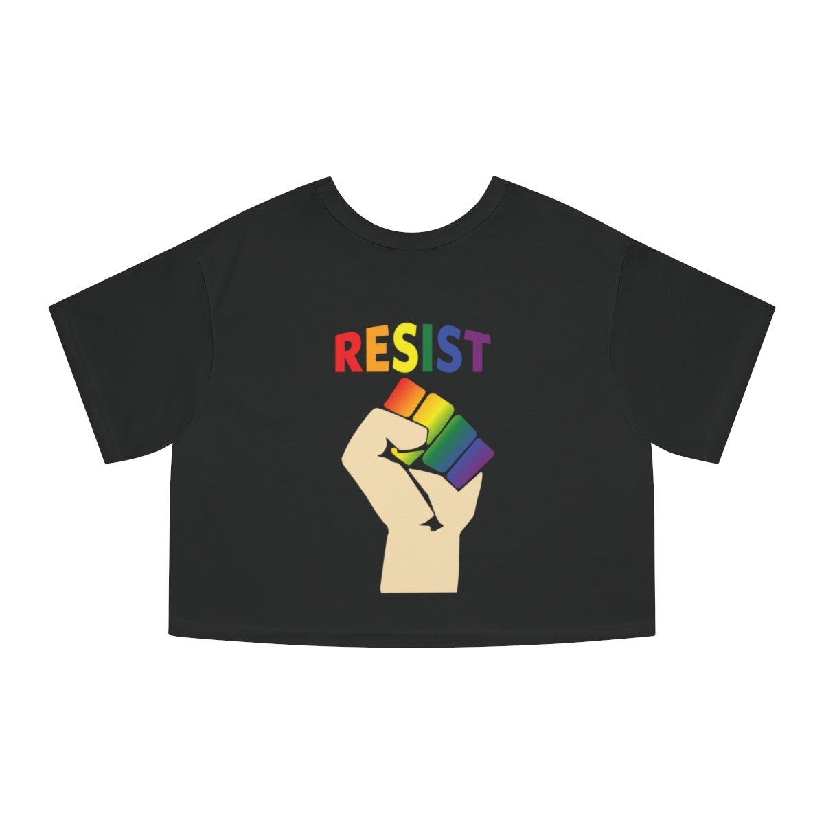 Pride Live Love Be Peace and Resist Crop Top in Rainbow on Black Back