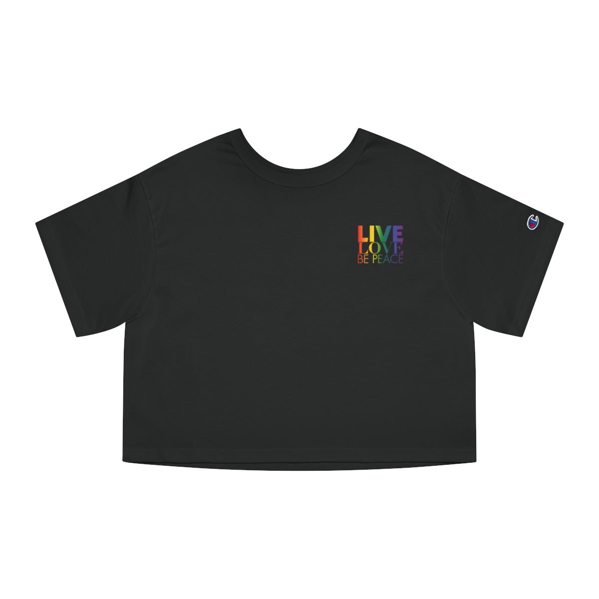 Pride Live Love Be Peace and Resist Crop Top in Rainbow on Black Front