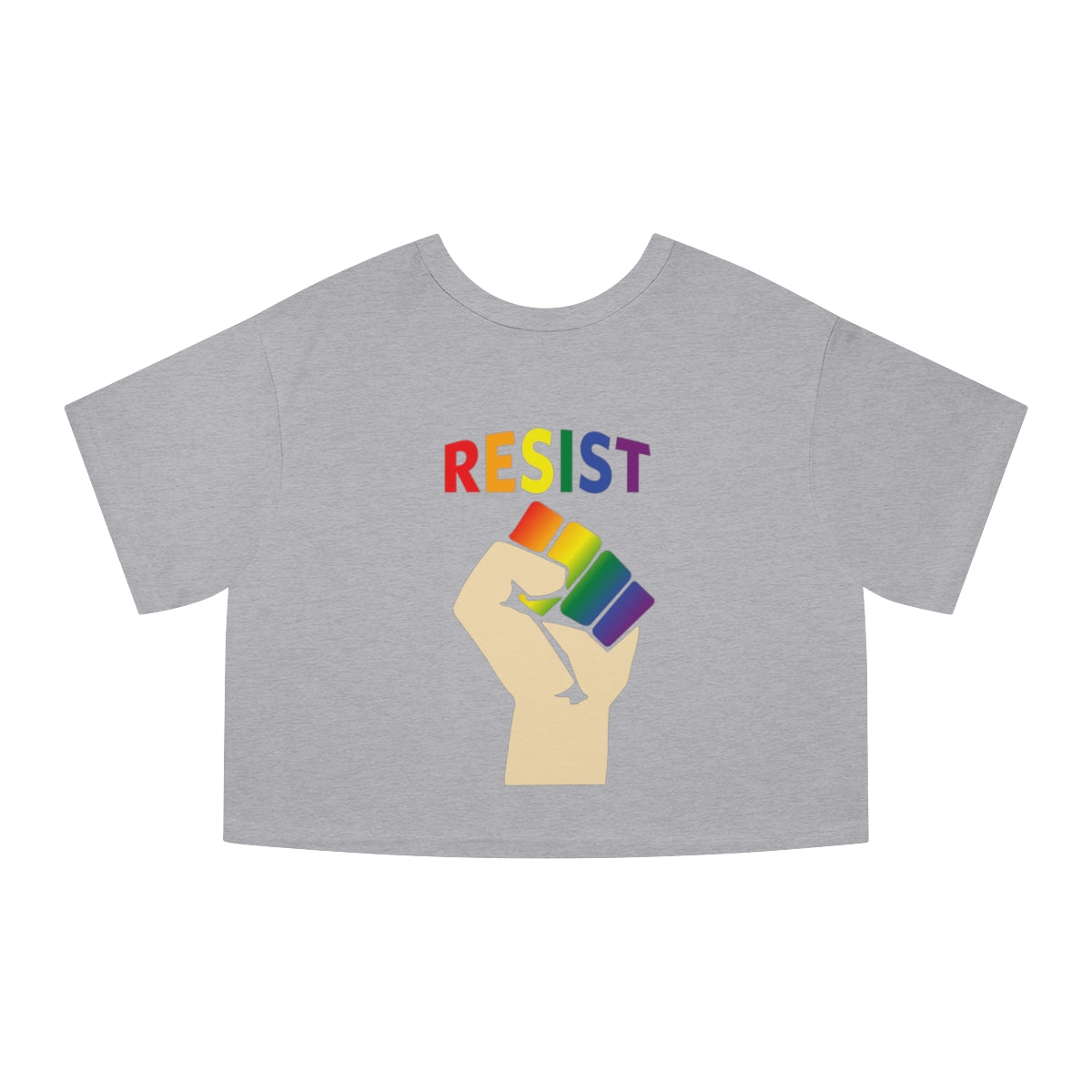 Pride Live Love Be Peace and Resist Crop Top in Rainbow on Grey Back