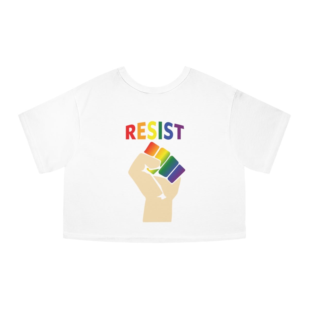 Pride Live Love Be Peace and Resist Crop top in Rainbow on White Back