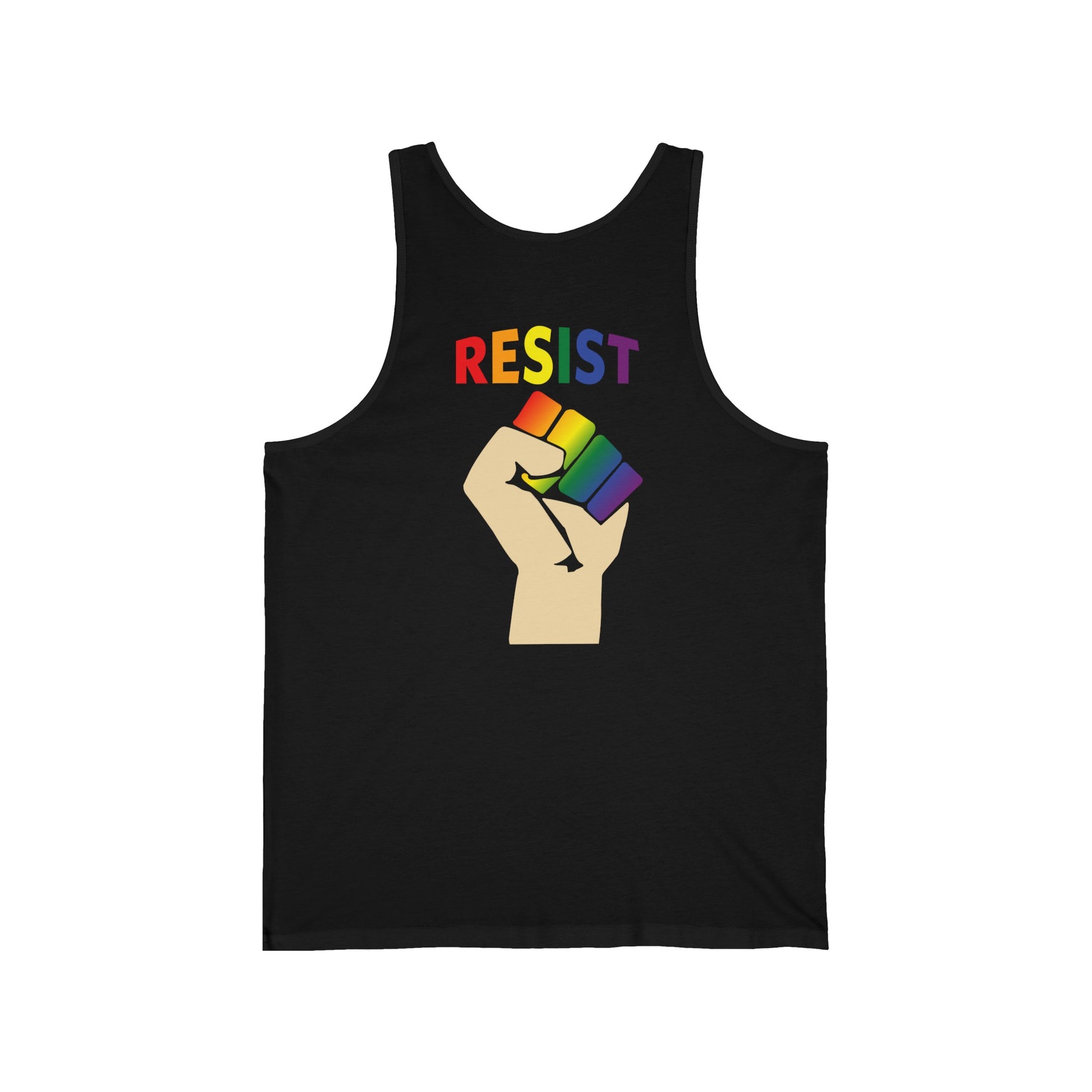 Pride Live Love Be Peace Resist Unisex Tank Top Rainbow on Black Back.