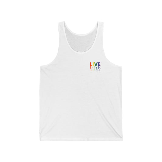 Pride Live Love Be Peace Resist Unisex Tank Top Rainbow on White Front.