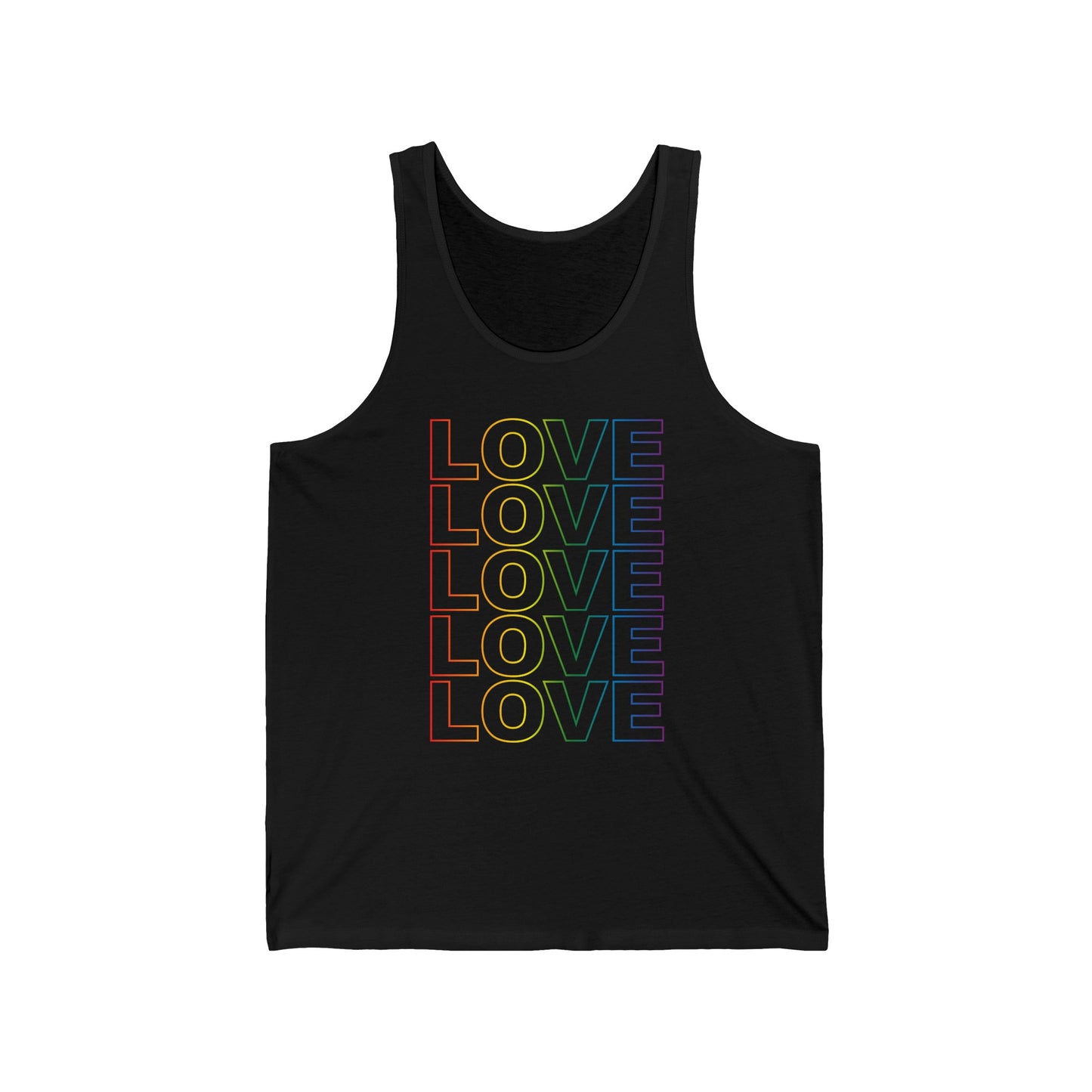 Pride Love Stack Unisex Tank Top in Rainbow on Black.