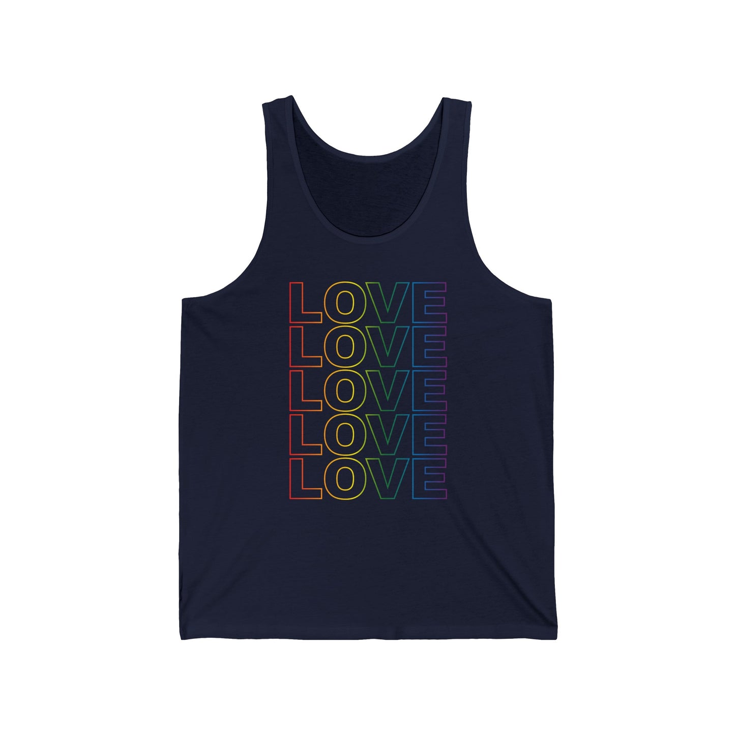 Pride Love Stack Unisex Tank Top in Rainbow on Navy.