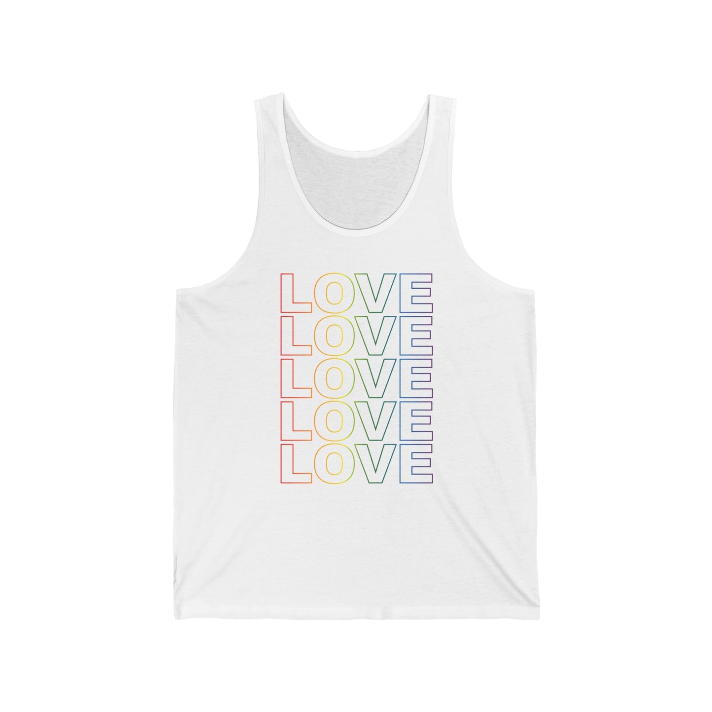 Pride Love Stack Unisex Tank Top in Rainbow on White.