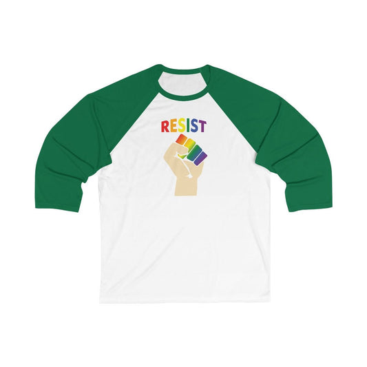 RESIST 3/4 Sleeve Baseball Tee in Rainbow on White and Kelly Green