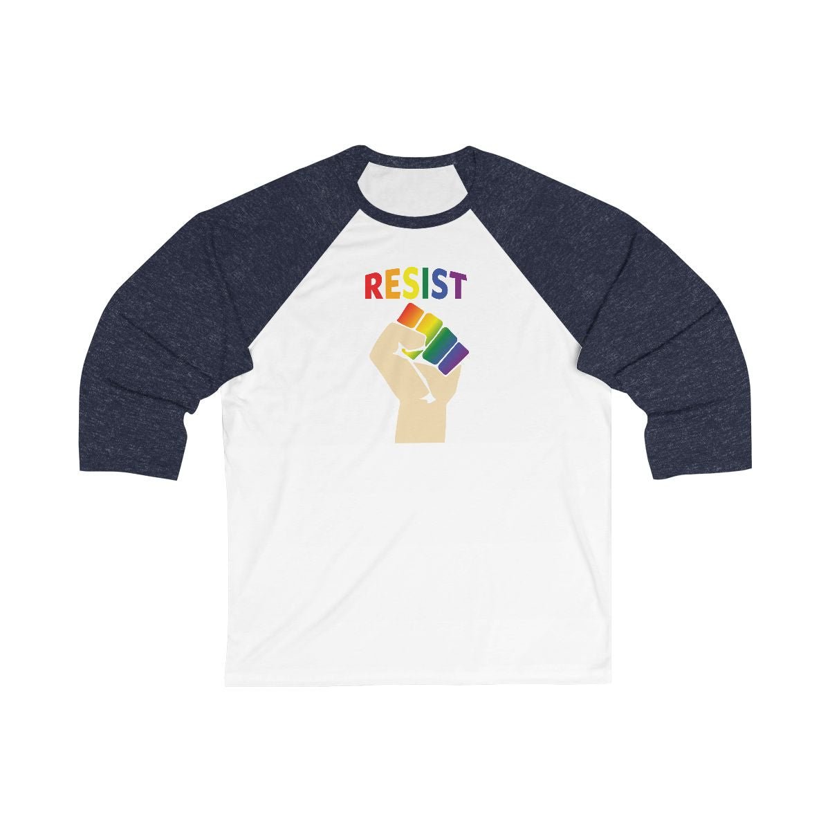 RESIST 3/4 Sleeve Baseball Tee in Rainbow on White and Navy Blue