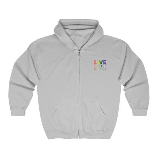 Pride Resist and Live Love Be Peace Full Zip Hoodie in Rainbow on Sport Grey Front.