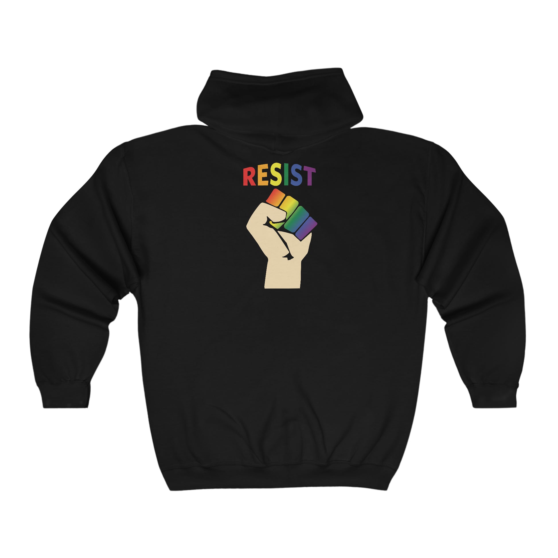 Pride Resist Full Zip Hoodie in Rainbow on Black Back.