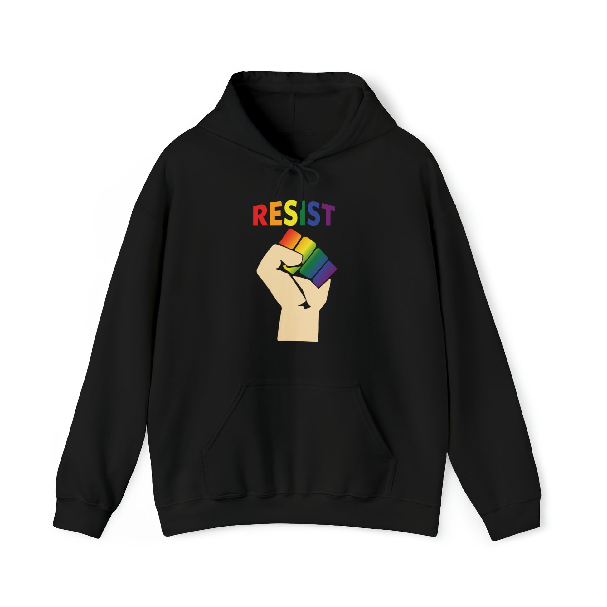 A Pride RESIST Hoodie in Rainbow on Black, Designed for Comfort and Style