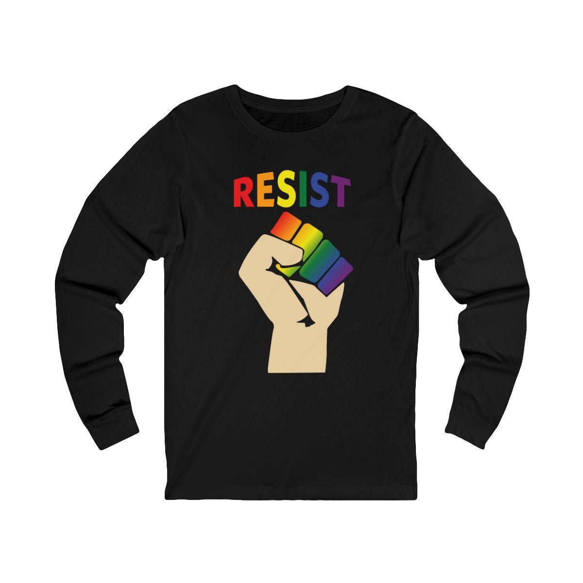 Pride 'RESIST' long-sleeve t-shirt featuring a vibrant rainbow design on black, ideal for showcasing equality and pride.