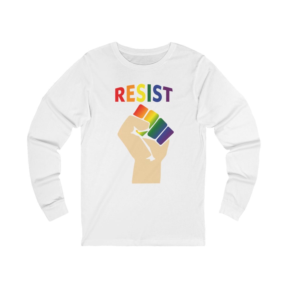 Pride 'RESIST' long-sleeve t-shirt featuring a vibrant rainbow design on white, ideal for showcasing equality and pride.