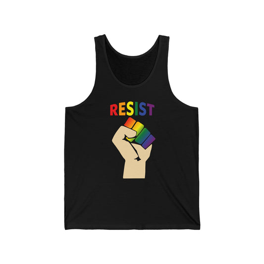 Pride Resist Unisex Tank Top in Rainbow on Black.