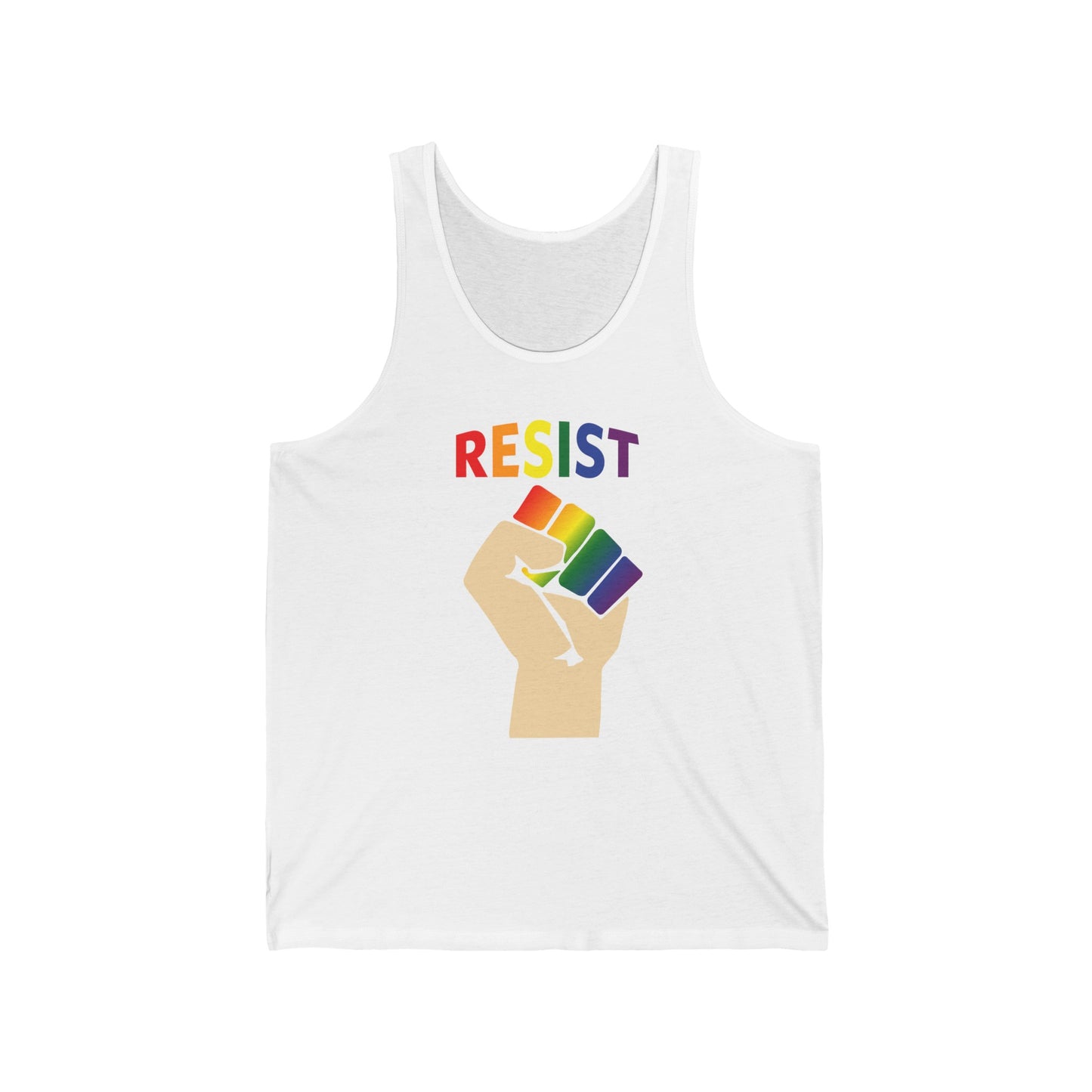 Pride Resist Unisex Tank Top in Rainbow on White.