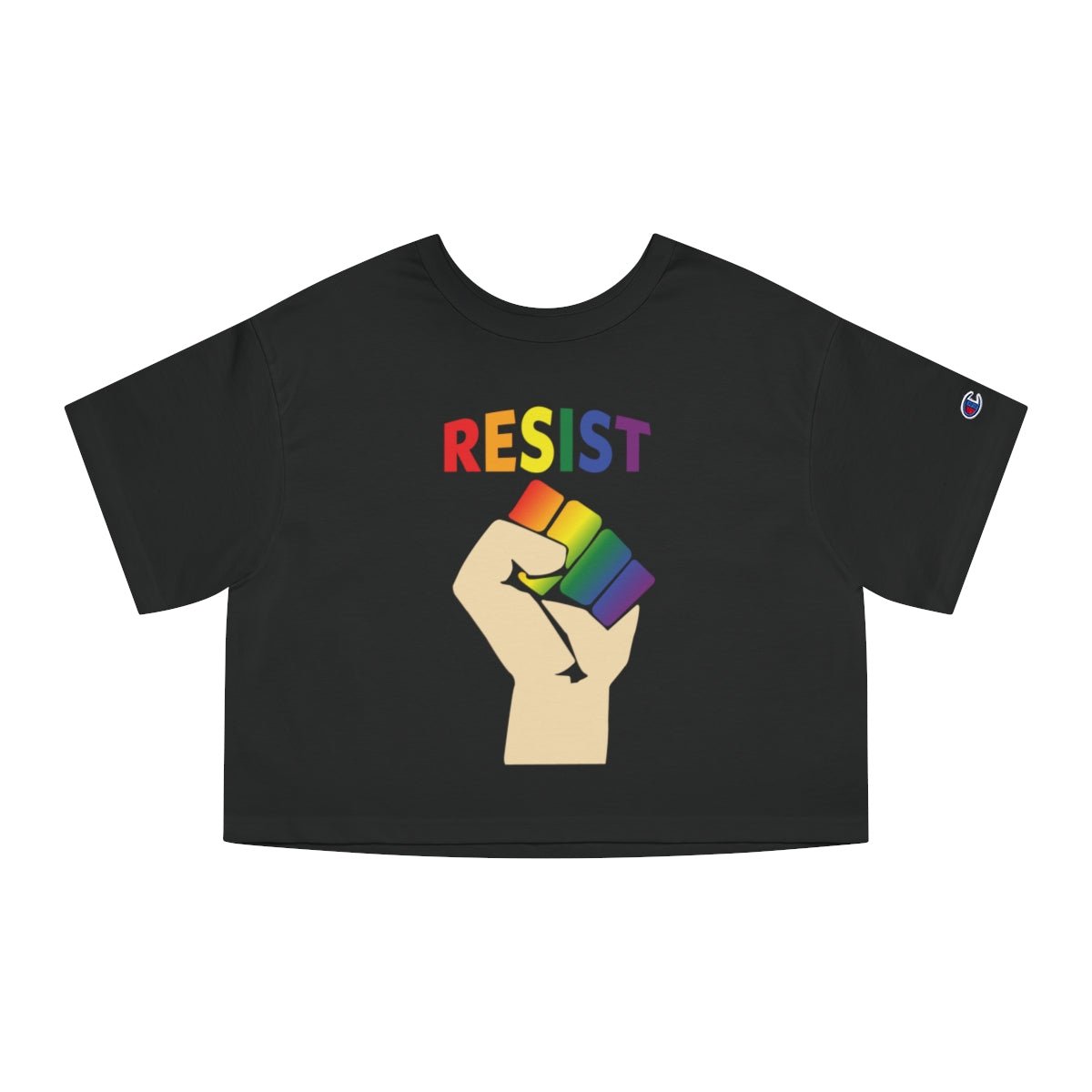 A women's crop top featuring the bold 'RESIST' design in rainbow colors, made from soft, high-quality fabric. Ideal for pride celebrations and daily wear shown here in the rainbow on black variant.