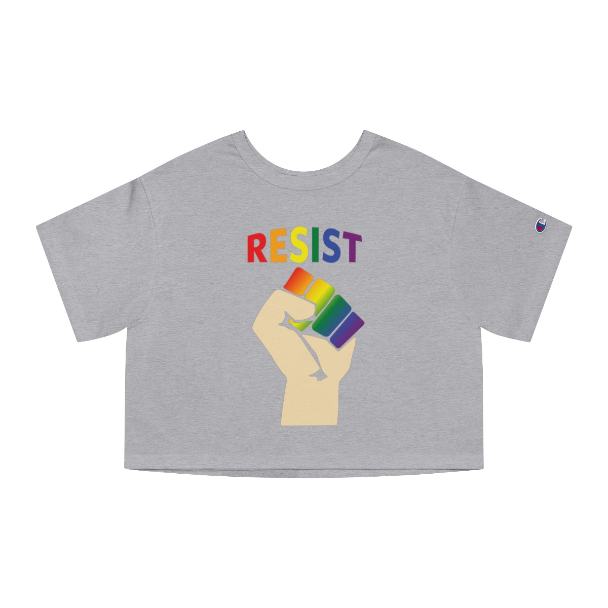 A women's crop top featuring the bold 'RESIST' design in rainbow colors, made from soft, high-quality fabric. Ideal for pride celebrations and daily wear shown here in the rainbow on grey variant.