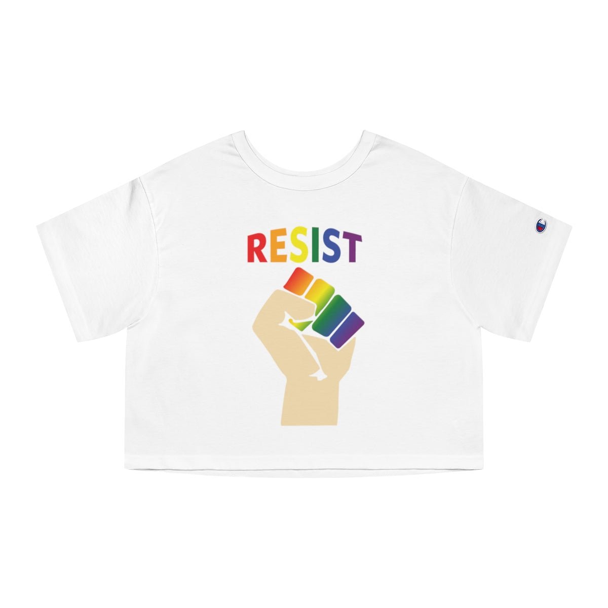 A women's crop top featuring the bold 'RESIST' design in rainbow colors, made from soft, high-quality fabric. Ideal for pride celebrations and daily wear shown here in the rainbow on white variant.