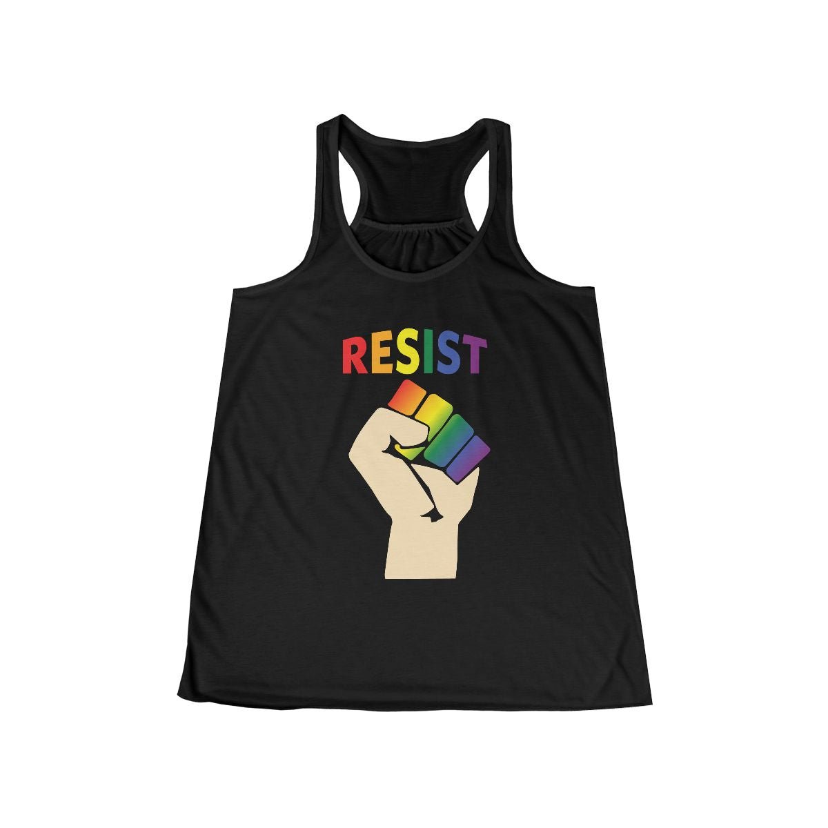 Pride Resist Womens Flowy Racerback Tank Top in Rainbow on Black