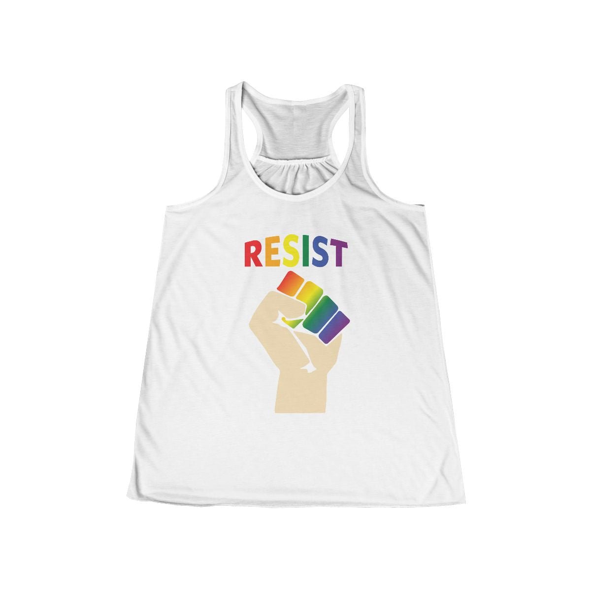 Pride Resist Womens Flowy Racerback Tank Top in Rainbow on White