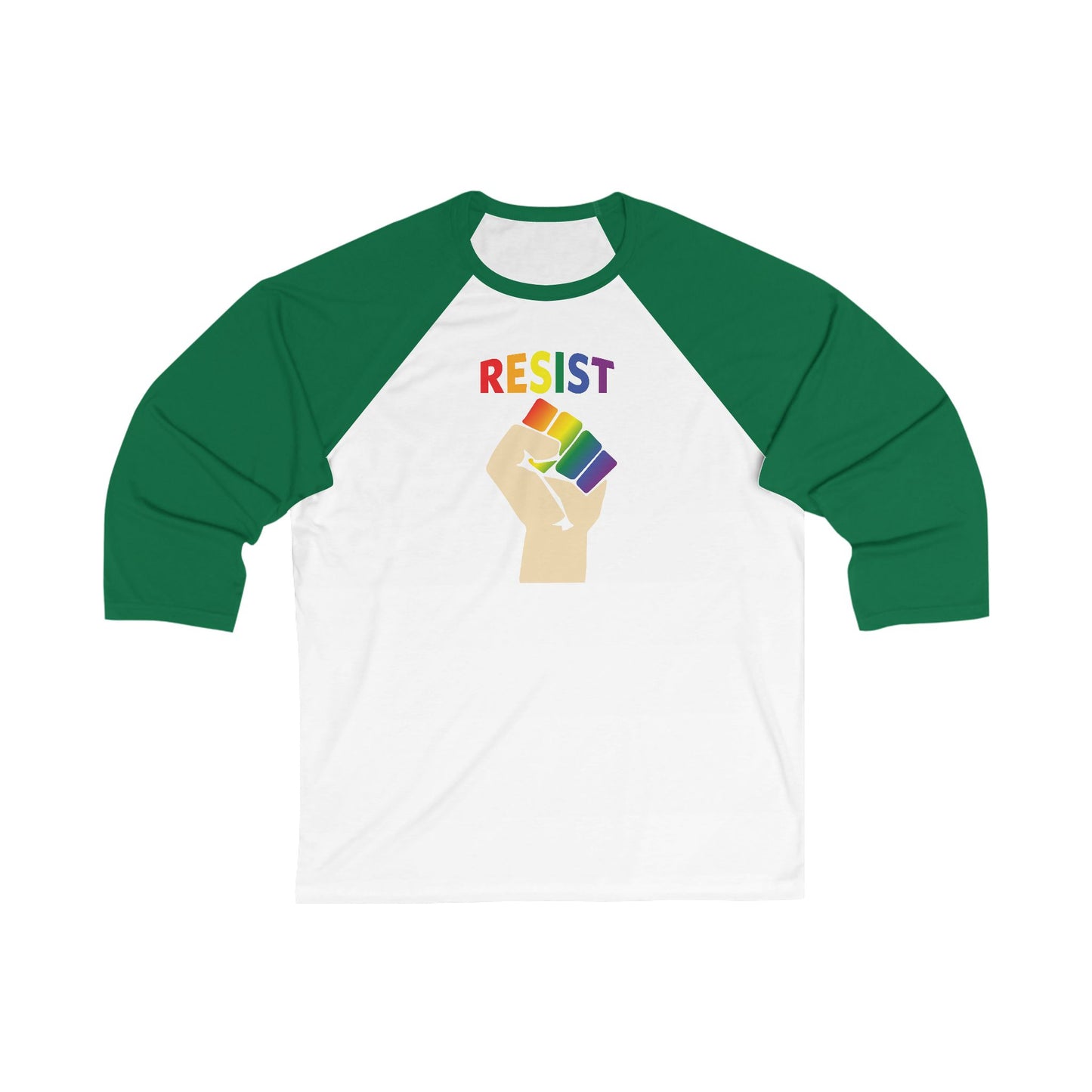 RESIST 3/4 sleeve baseball tee in Rainbow on White and Kelly Green