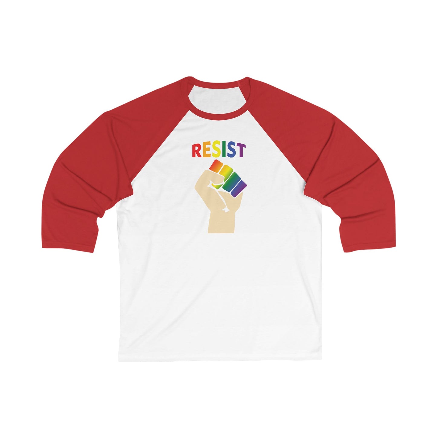 RESIST 3/4 Sleeve Baseball Tee in Rainbow on White and Red