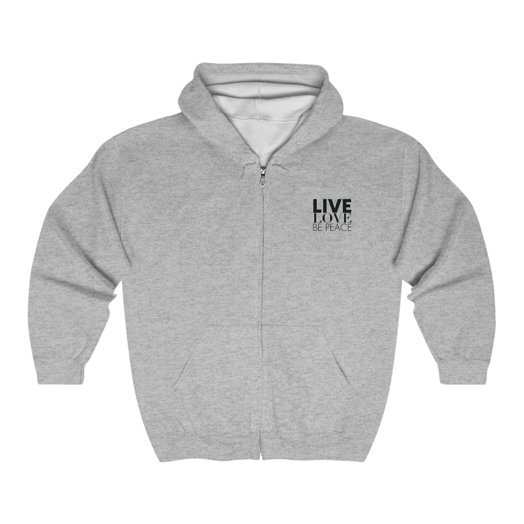 Our 'RESIST' and 'Live Love Be Peace' full zip hoodie in black on sport grey front view.