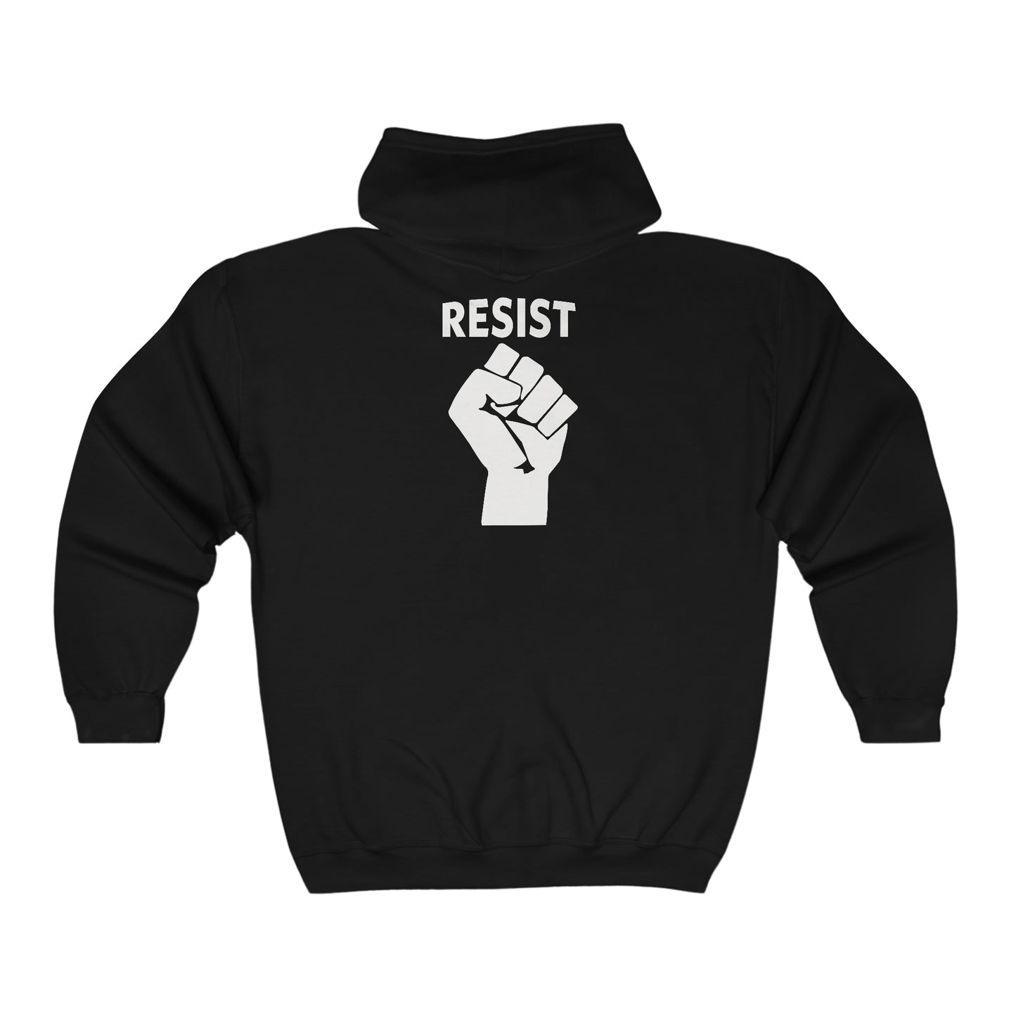 Our 'RESIST' and 'Live Love Be Peace' full zip hoodie white on black back view