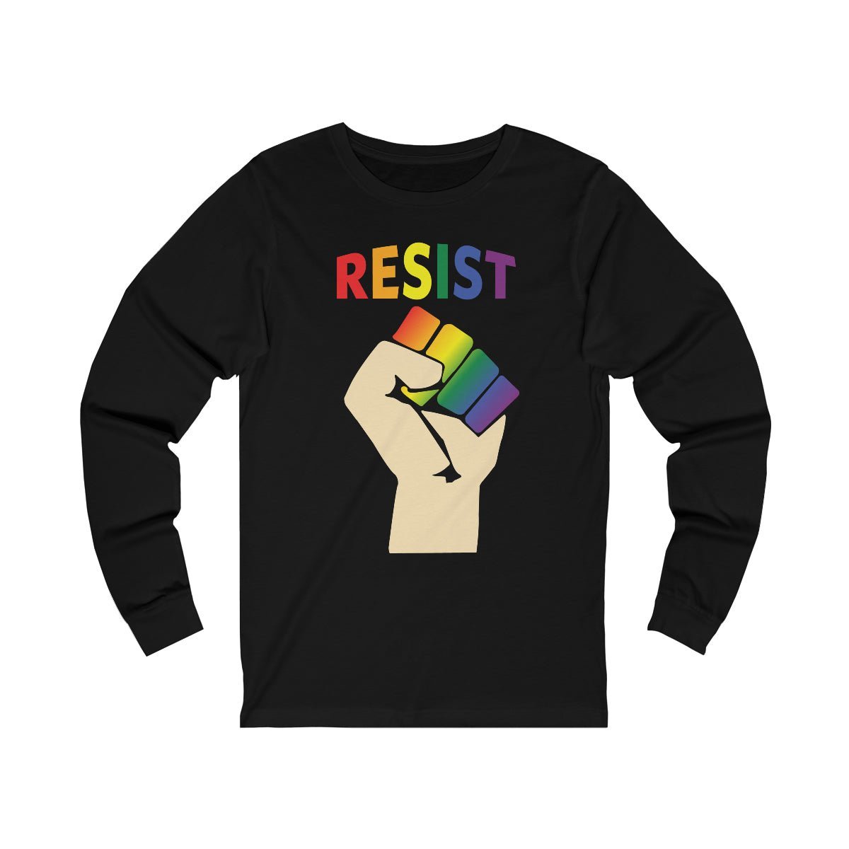 'RESIST' long sleeve t-shirt rainbow on black