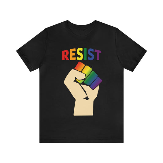 Resist Pride T-shirt in Rainbow on Black.