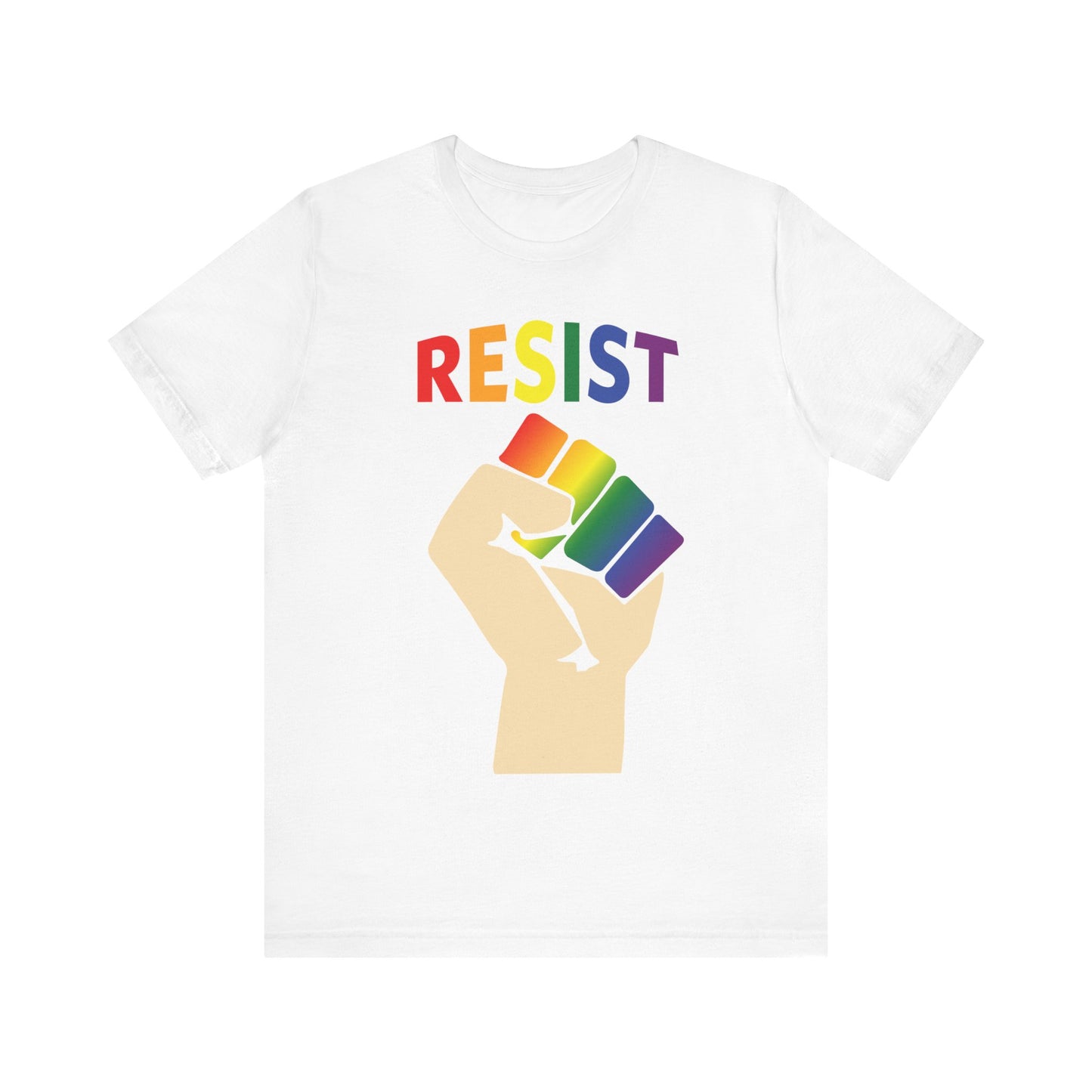 Resist Pride T-shirt in Rainbow on White.