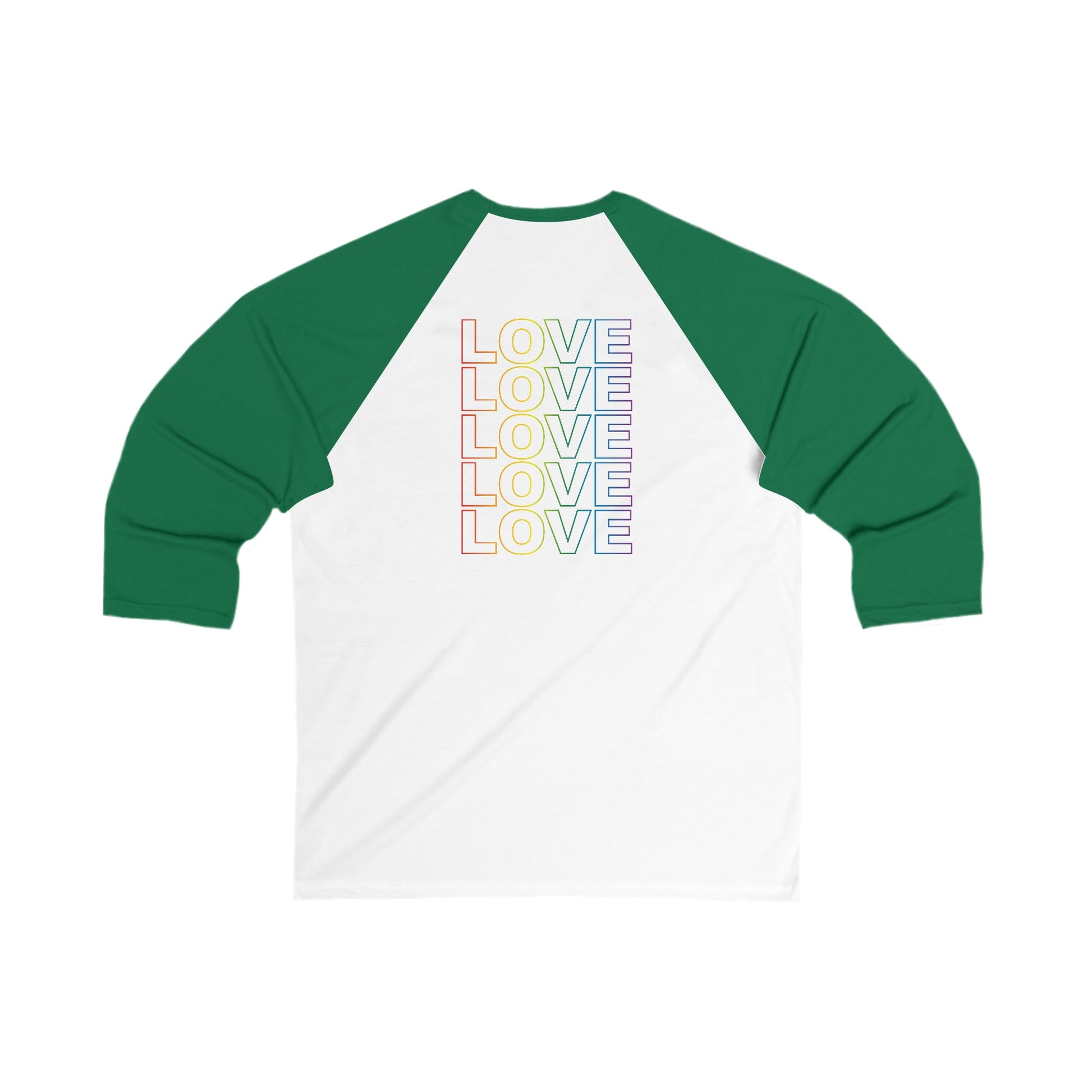 Unisex 3/4 Baseball Tee Live Love Be Peace & Love in Rainbow on White/Green Back.