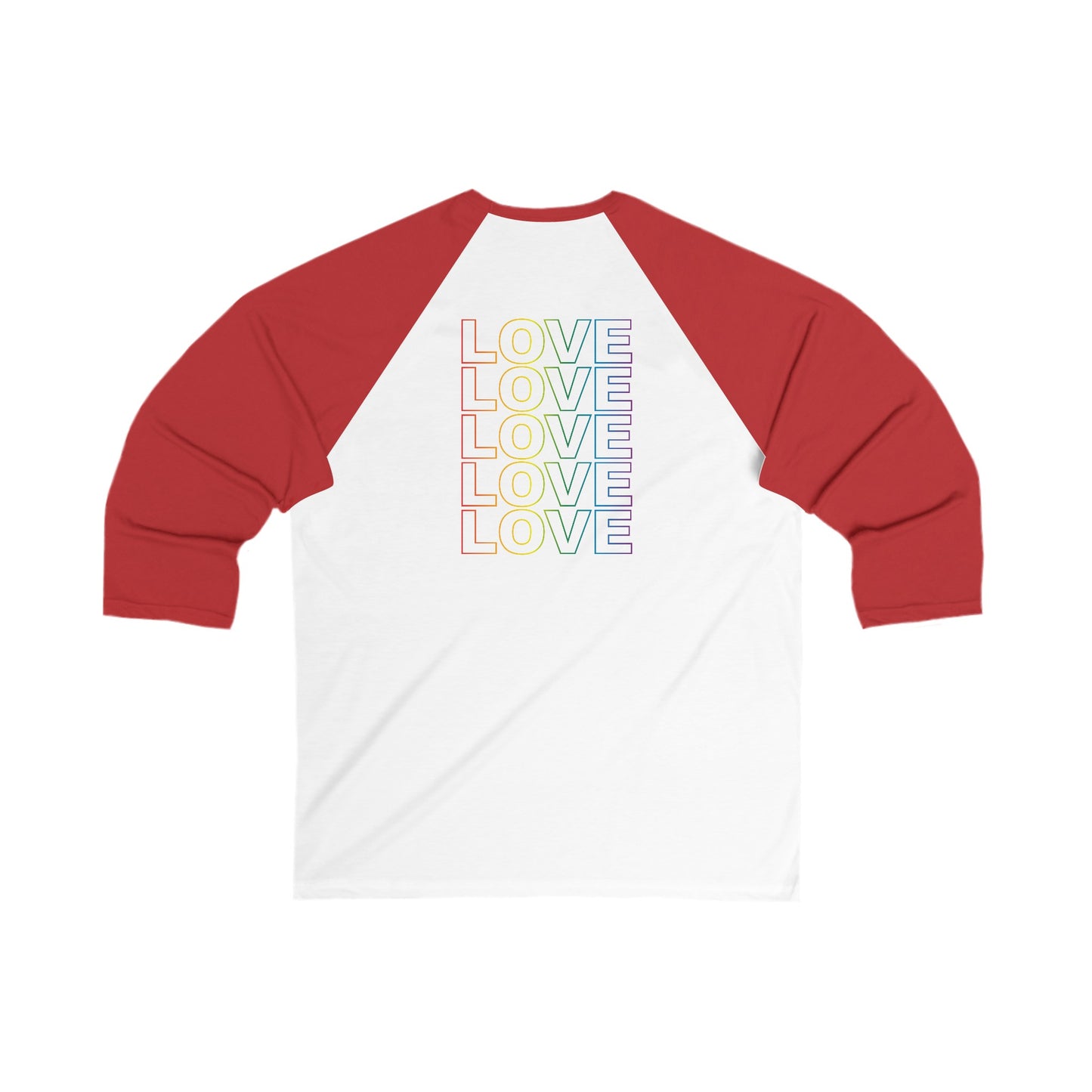 Unisex 3/4 Baseball Tee Live Love Be Peace & Love in Rainbow on White/Red Back.