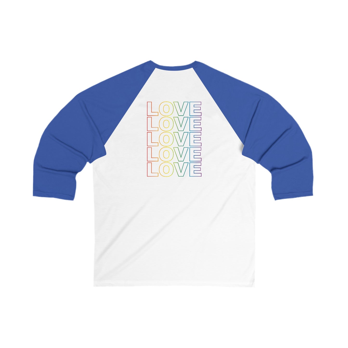 Unisex 3/4 Baseball Tee Live Love Be Peace & Love in Rainbow on White/Royal Blue Back.