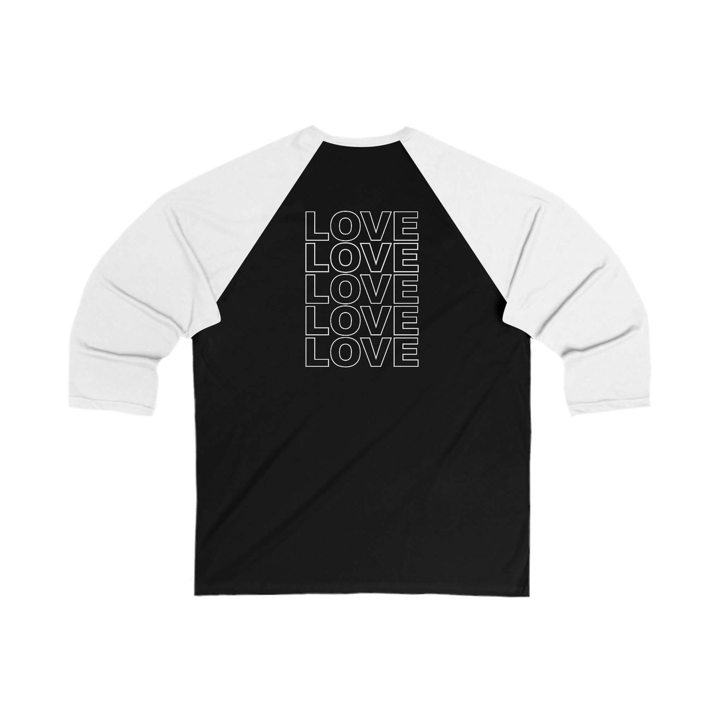 Pride Unisex Baseball Tee Live Love Be Peace and LOVE in Rainbow on White Black Back