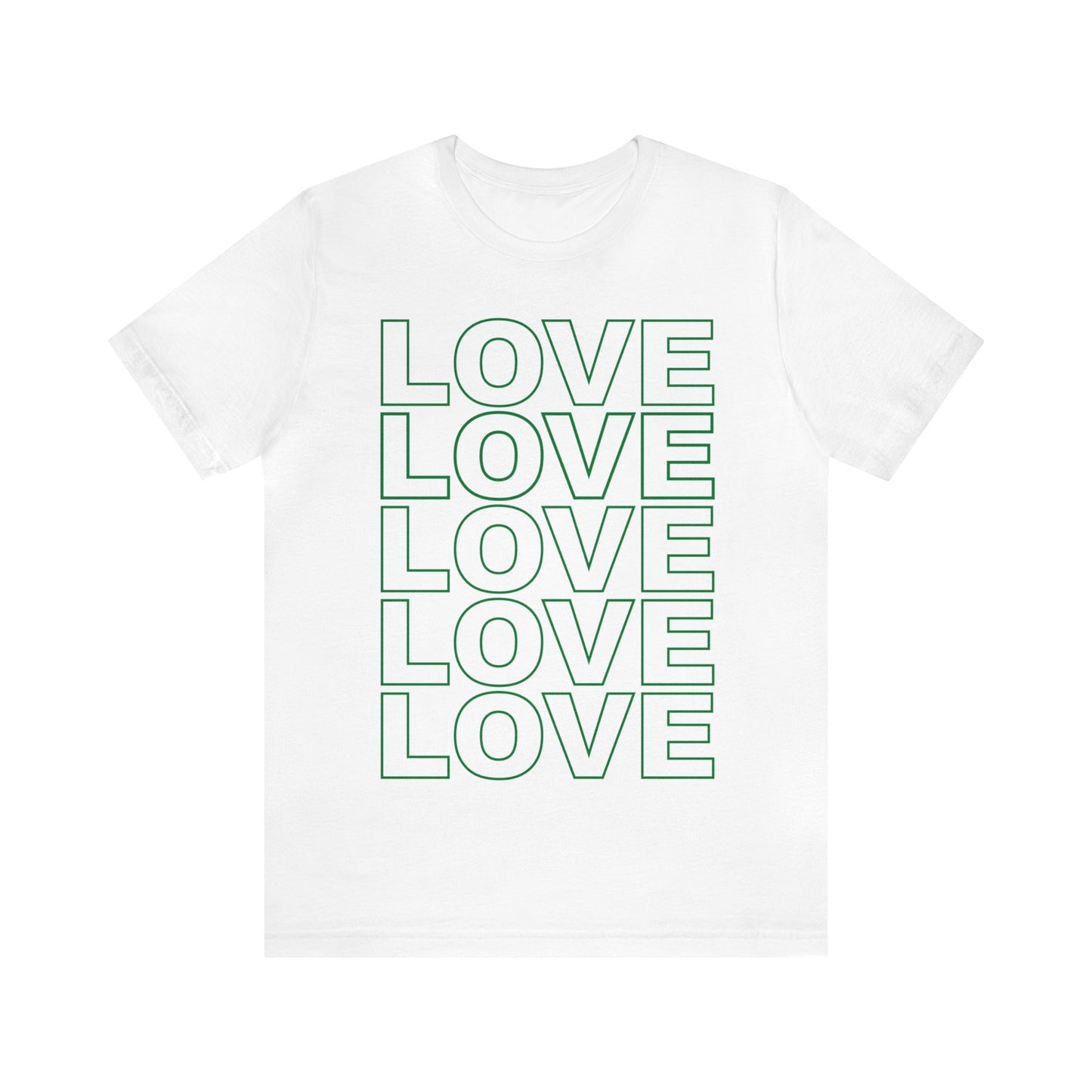 Unisex 'LOVE' Stack Tee Green on White.