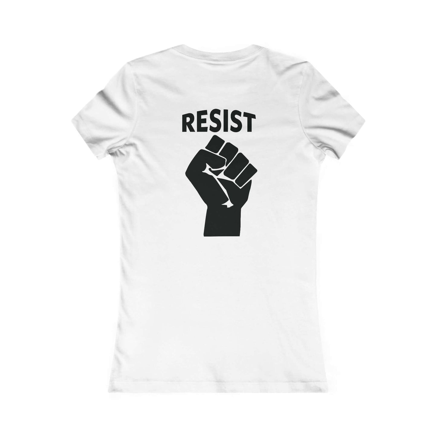 Women's Social Justice T-Shirt in Black on White Back.