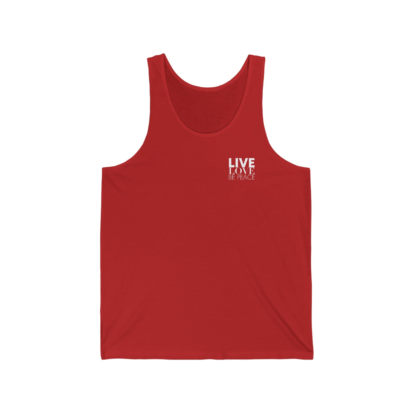 Front of 'Live Love Be Peace and LOVE Unisex Tank Top' with 'Live Love Be Peace' text in white on red.