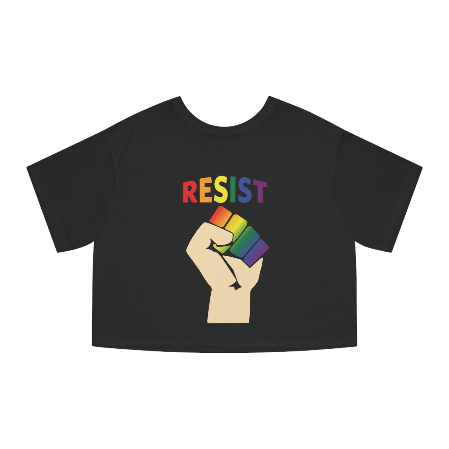 Live Love Be Peace Resist Crop Top T-shirt in Rainbow on Black Back