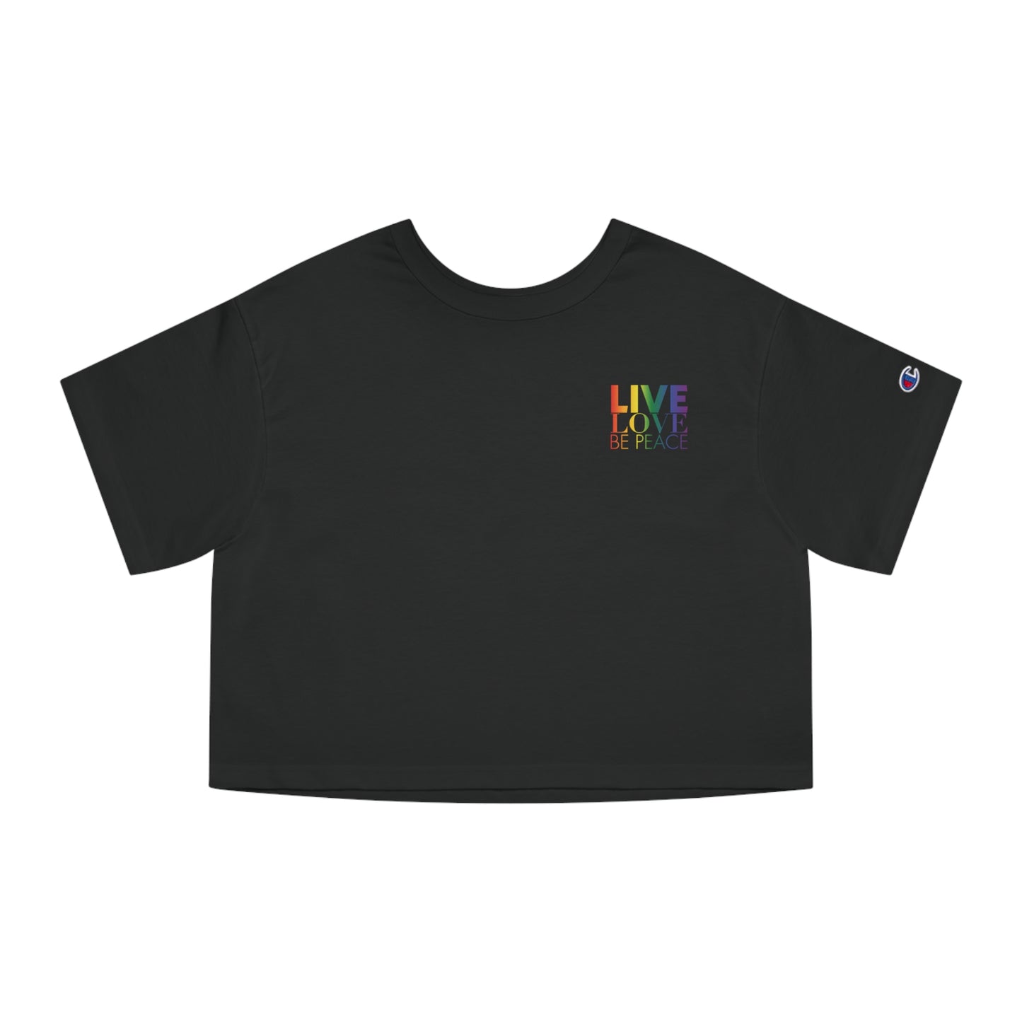 Live Love Be Peace Resist Crop Top T-shirt in Rainbow on Black Front