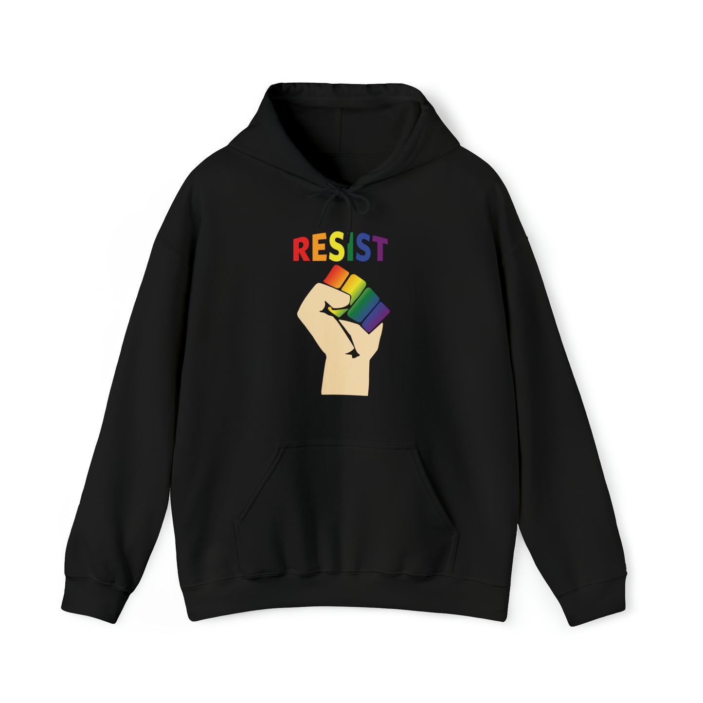 Live Love Be Peace RESIST front pullover hoodie in rainbow on black