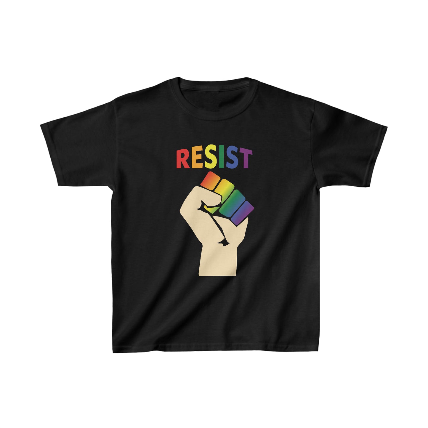 Live Love Be Peace RESIST kids t shirt in rainbow on black