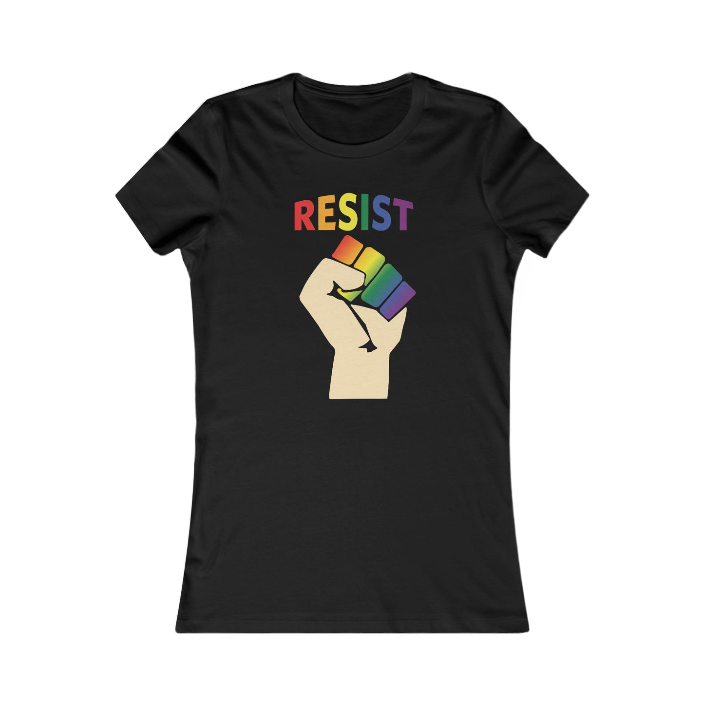 Live Love Be Peace RESIST women’s t shirt in rainbow on black
