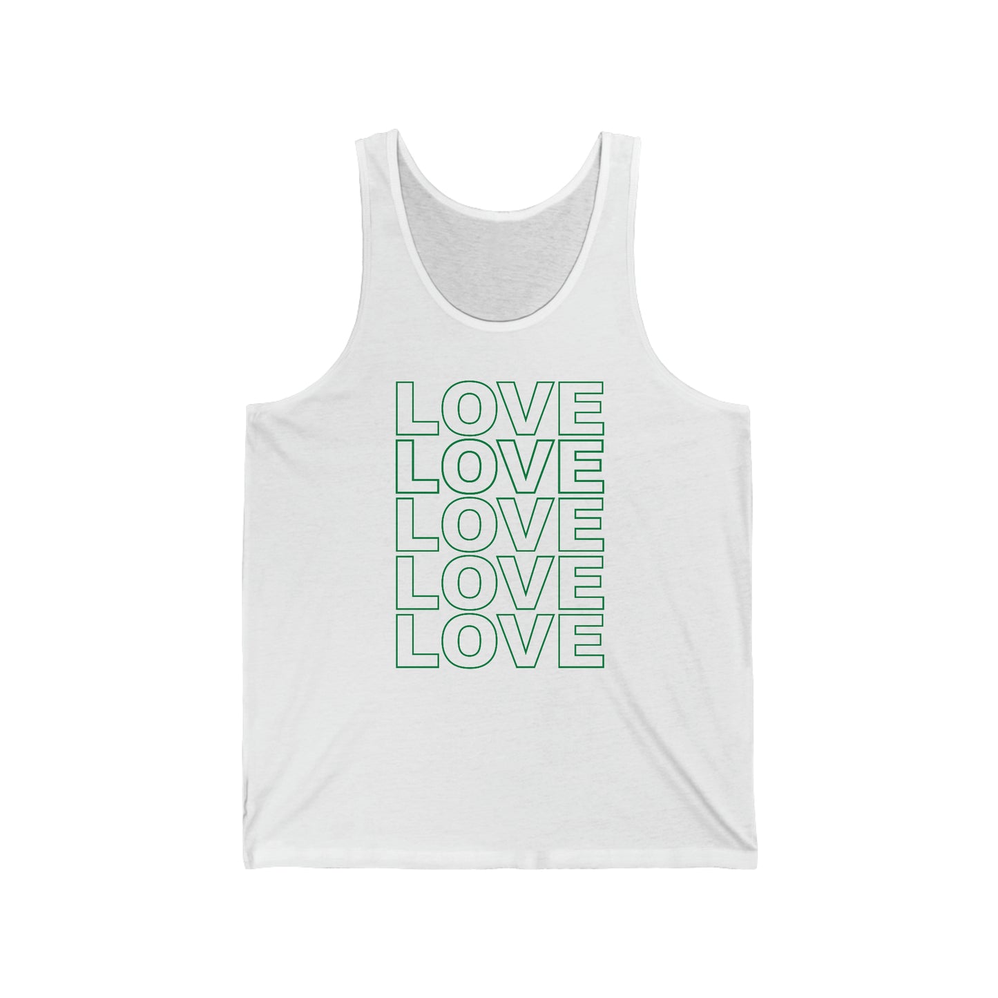 LOVE Unisex Tank Top in Green on White - Social Justice Apparel by Live Love Be Peace