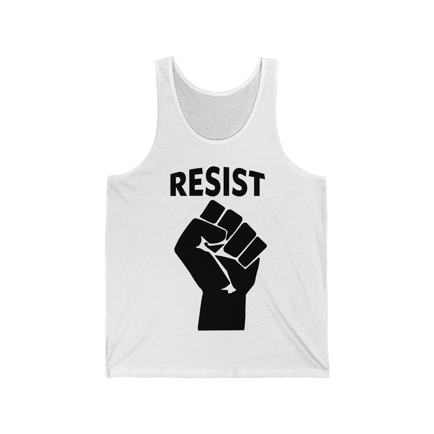 'Resist' Unisex Jersey Tank Black on White - Empower Your Activism