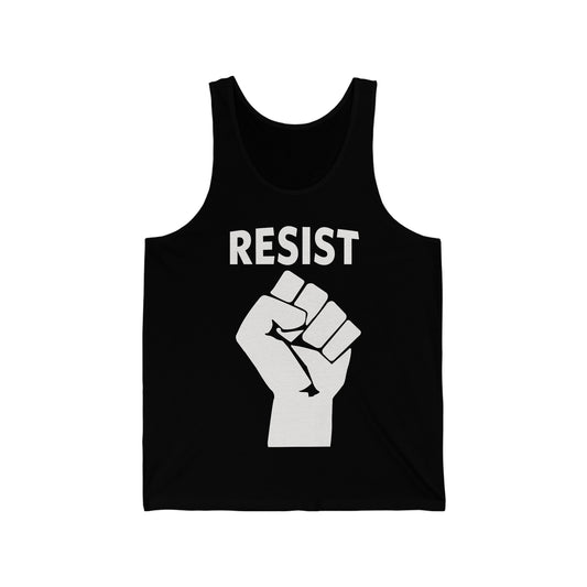 'Resist' Unisex Jersey Tank White on Black - Empower Your Activism